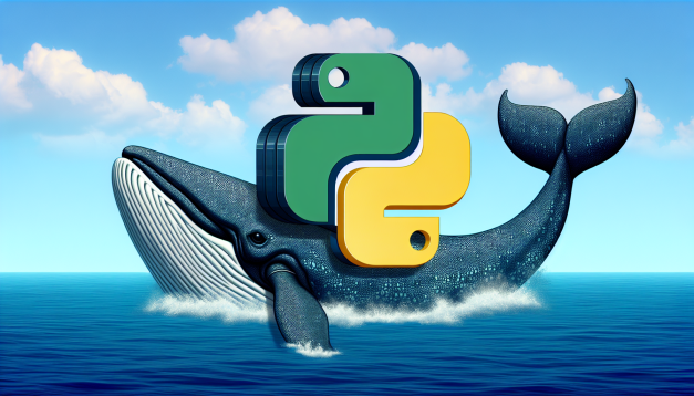A humorous image of the Python logo being carried by a whale, which is typically used as the logo for Docker.