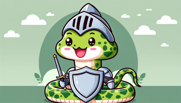 A cute cartoon image of a Python with a shield.